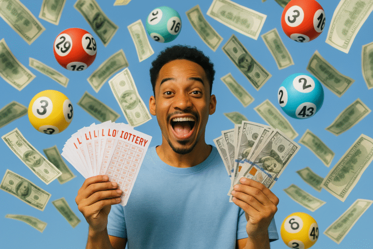 “Excited lottery winner holding a stack of winning lotto tickets and cash with lottery balls and money falling from the sky